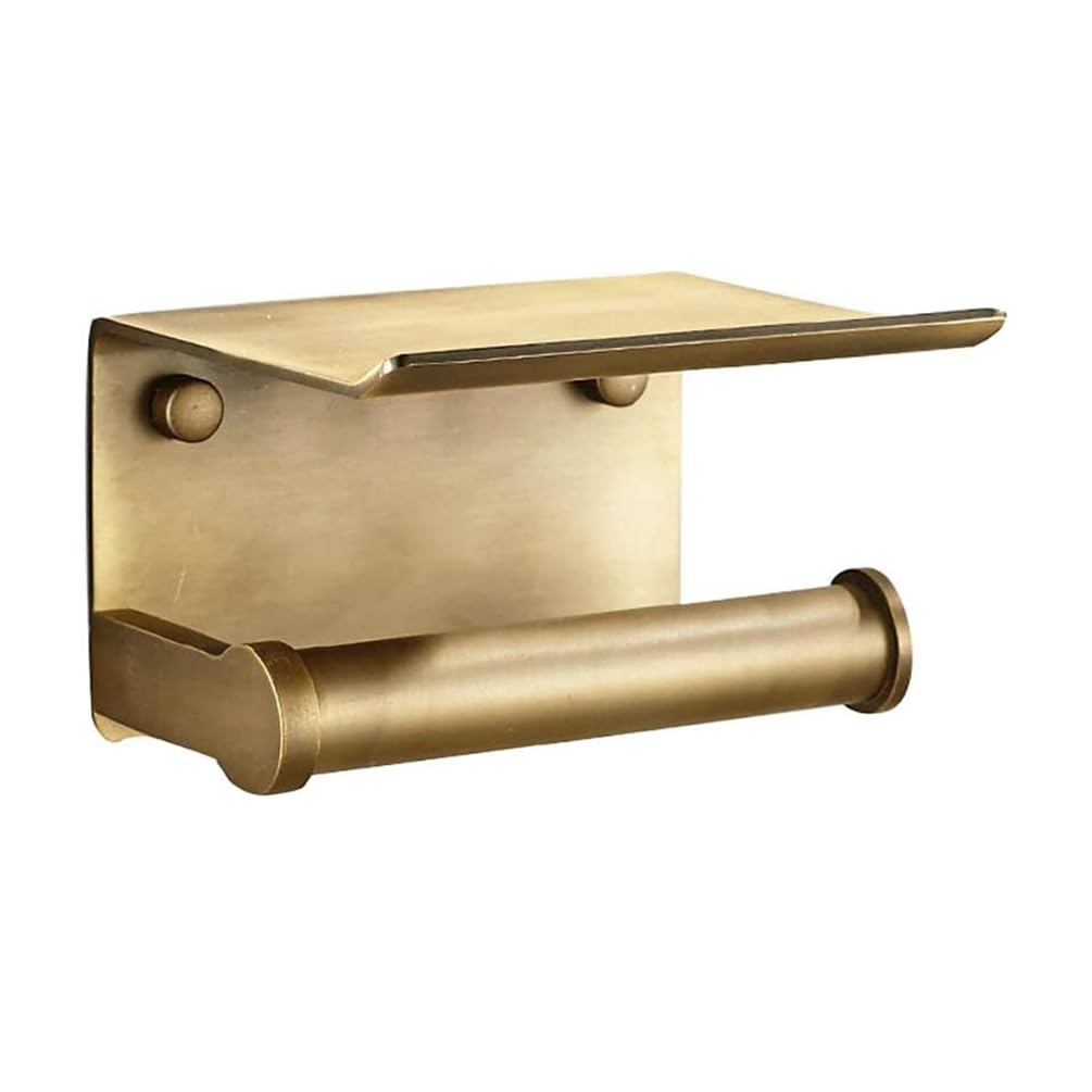 Estrend Antique Brass Toilet Paper Holder with Shlf Space Aluminum Wall Mount Brushed Gold Toilet Tissue Holder with Cell Phone Storage, Antique Bronze Color