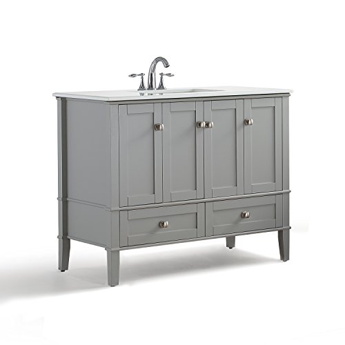 Simpli Home Chelsea 42 inch Bath Vanity with White Quartz Marble Top, Grey