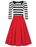 Hiqueen Women's Scoop Neck 2/3 Sleeve Casual Swing Dress Navy Style Stripe Dress (XL, Red)