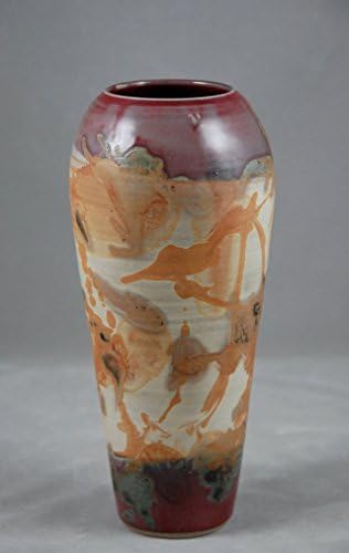 Vase Large Round in Red with Contrasting Abstract Exterior in Orange and Brown