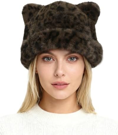 Womens Faux Fur Leopard Print Beret Hat with Cat Ears Tail  display picture 2