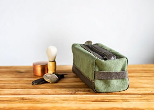Green Canvas Toiletry Travel Dopp Kit Bag Real Leather Gift for Him Father's Day
