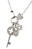 Silver Tone Designer Style Crystal Heart Padlock, Crown, Key, Charm Couture Necklace for Women Teens