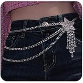Jumwrit Rhinestone Chain Belt Silver Layered Waist Chain Adjustable Metal Body Link Belt Sparkle Tassel Chain Big Star Belly Chain Boho Party Beach Body Jewelry Accessories for Women