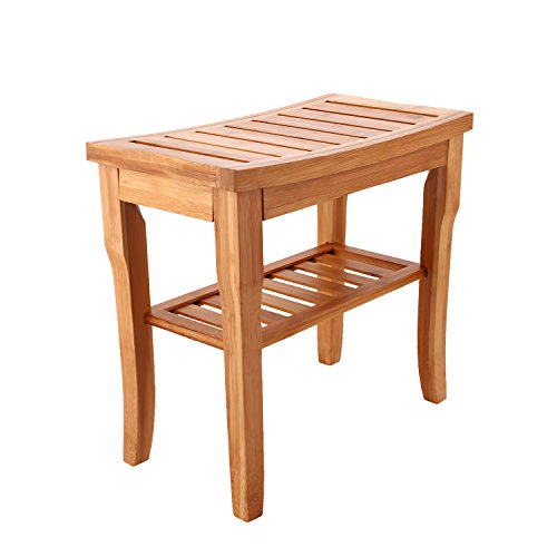 Homevol Bamboo Shower Bench,Spa Seat With 2-Tire Storage Racks Shelf,Bath Seat Bench Stool with ...