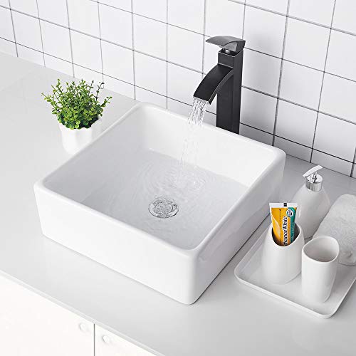 Logmey 15''x15'' Square Above White Porcelain Ceramic Bathroom Vessel Vanity Sink Art Basin ...