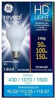 Ge Reveal 150 Watt 3 Way Bulb A21 Light Fixture 64594