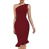 UONBOX Women's One Shoulder Sleeveless Bodycon Dress Midi Mermaid Party Bandage Dress
