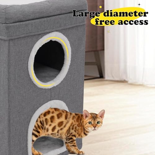 Cat House for Indoor, 3-Level Covered Cat Condo with Scratch Pad and Hideaway Cave, Cat Bed &Furniture for Multi Pets and Large Cats, 15.3 * 15.3 * 26 inches, Cat Playground Play Center, Grey