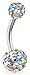 Bling Jewelry Aurora Borealis Rainbow Crystal Round Ball and Bar Style Navel Belly Ring Silver Tone Surgical Steel 14G