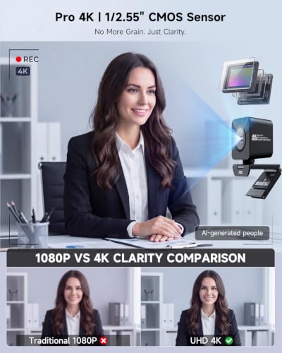 AOC 4K Webcam for PC, 4K/60fps Web Camera with Auto Light Correction, Auto Focus, Privacy Cover, Mic, 75° View, Plug & Play, USB Camera for Laptop, Desktop, Zoom, Skype, Facetime, Conferencing
