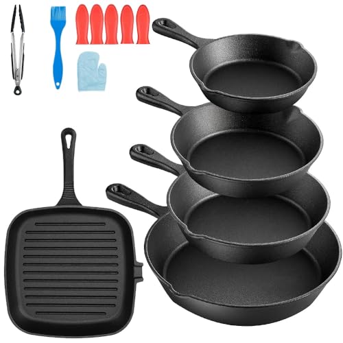 Ausein Juego de 5 Sartenes de Hierro Fundido, Cast Iron Skillet con Espátula y Guantes, Cacerolas de Hierro Fundido Antiadherentes, Ideal para el hogar, la cocina y el camping