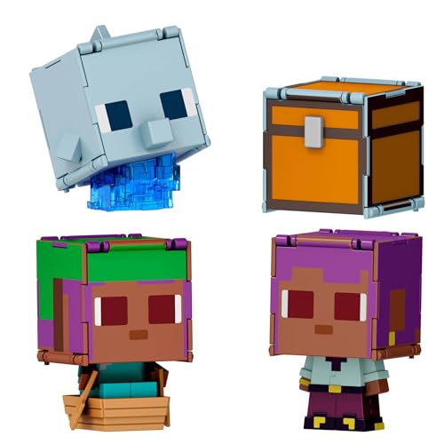 Mattel Minecraft Geflipte Figuren Set van 2, 2 actiefiguren van 9,5 cm met grote hoofden en 2-in-1 fidget-functie, Efe/Zeilboot en Dolfijn/Schatkist, JCY31