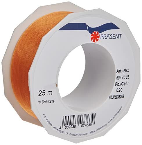 PRAESENT - Four Seasons Organza wired edge Ribbon Orange 40 mm width, 25 m length
