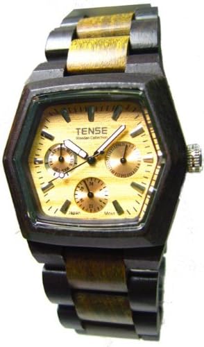 Tense Two-Tone Sandalwood Mens Triple Dial Hexagon Wood Watch Dark/Green G8303DG LF