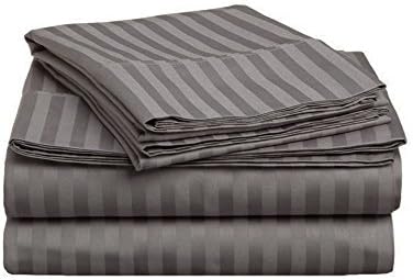 Royal Legend Linen Luxury Soft 440-Thread-Count 100 % Egyptian Cotton Queen 1 Piece Fitted Sheet 14" Deep Pocket, Striped Dark Grey