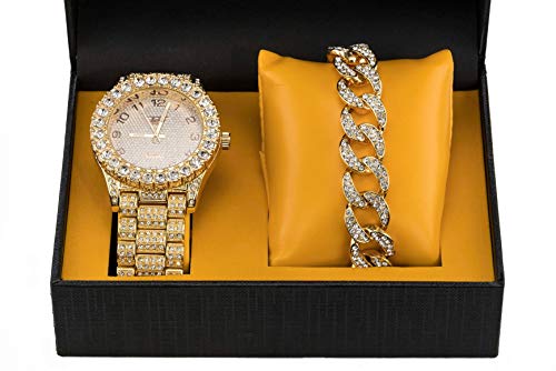 Men's Gold Watch with CZ Simulated Diamonds & Iced Out Cuban Link Bracelet Gift Set | Japanese Movement | 44MM Bezel | Easy to Read Dial | Free Gift Box Included