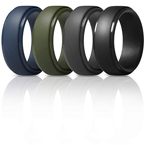 ThunderFit Silicone Rings for Men - 4 Rings / 1 Ring Step Edge Rubber Wedding Bands 10mm Wide (Black, Dark Grey, Dark Blue, Dark Green, 10.5-11 (20.6mm))