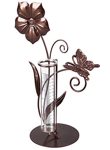 CEDAR HOME Rain Gauge Outdoor Garden Wireless Glass Brass Metal Tabletop Cute Professional Raingauge for Lawn Yard Patio Decor 8oz. by, 10.5" W x 6" D x 16" H, Butterfly and Flower