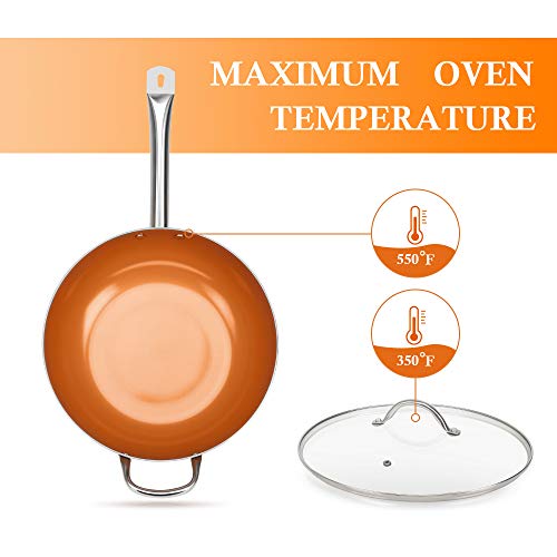 SHINEURI 3 Pieces Nonstick Ceramic Copper Pan Set - 12 Inch Woks and Stir Fry Pans with Lid, 9.5 Inch Round Frying Pan Saute Pan with Stainless Steel Handle for Induction, Gas, Electric & Stovetops - Thumbnail 4