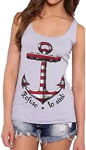 HMX Women's Round Neck Anchors Sleeveless Slim Tshirt Top Gray M