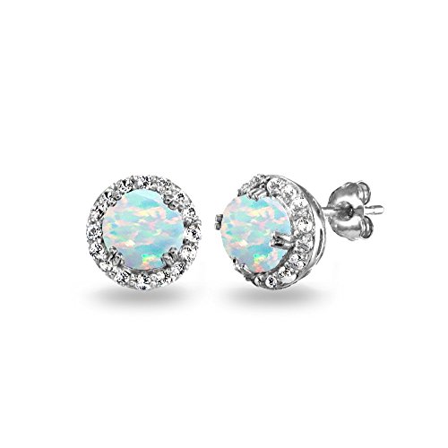 Sterling Silver Created White Opal & White Topaz Round Halo Stud Earrings