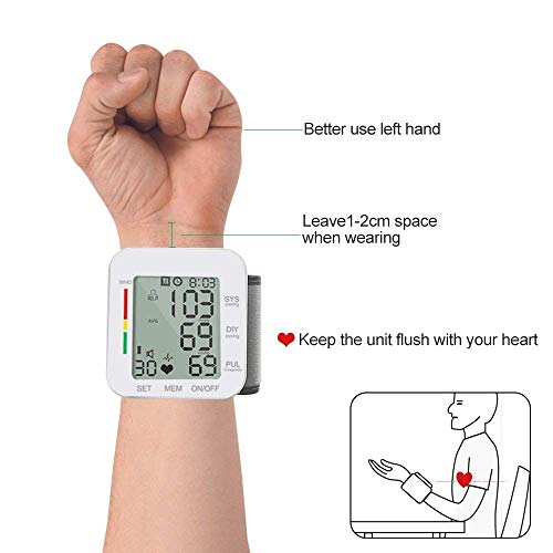 Wrist Blood Pressure Monitor, Digital BP Monitor with Memory Storage, Intelligent LCD Display Automatically Measure Pulse Diastolic Systolic and Shows Hypertension Level (White)