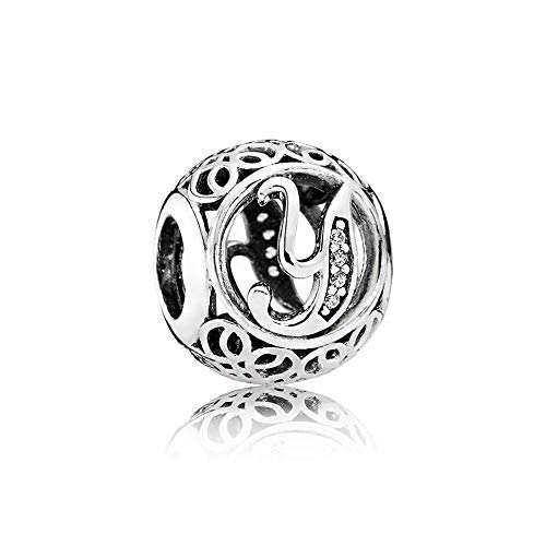 LaMenars Vintage Alphabet Letter Charm 925 Sterling Silver Beads Charms with Clear Cubi Ziconia Compatible with European Bracelets & Necklaces Birthday Gift for Womens & Girls(Letter Y)