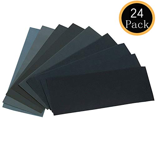 24PCS Sand Paper Variety Pack Sandpaper 12 Grits Assorted for Wood Metal Sanding, Wet Dry Sandpaper 120/150/180/240/320/400/600/800/1000/1500/2500/3000 Grit