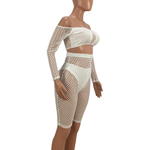Blouse for Women Elegant, Yezijin Sexy Women Perspective Mesh Top Knee Length Pants Clubwear Three-Piece Outfit 2019 New White - Thumbnail 2