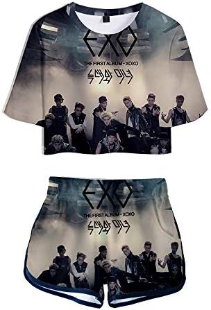 Kpop EXO Two Piece Set Top Short Pants Set 3D Print Summer Tracksuit Exposed Sehun Suho Baekhyun Chanyeol Xiumin D.O Kai Chen