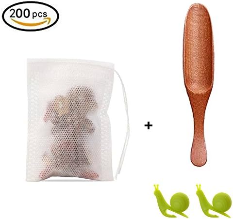 200 Pieces Tea Filter Bags Disposable Drawstring Non Woven Tea Bag for Loose Leaf Tea or Flower Fruit Teas with 1 Wooden Tea Spoon, 2 Snail Silicone Tea Bag Holder
