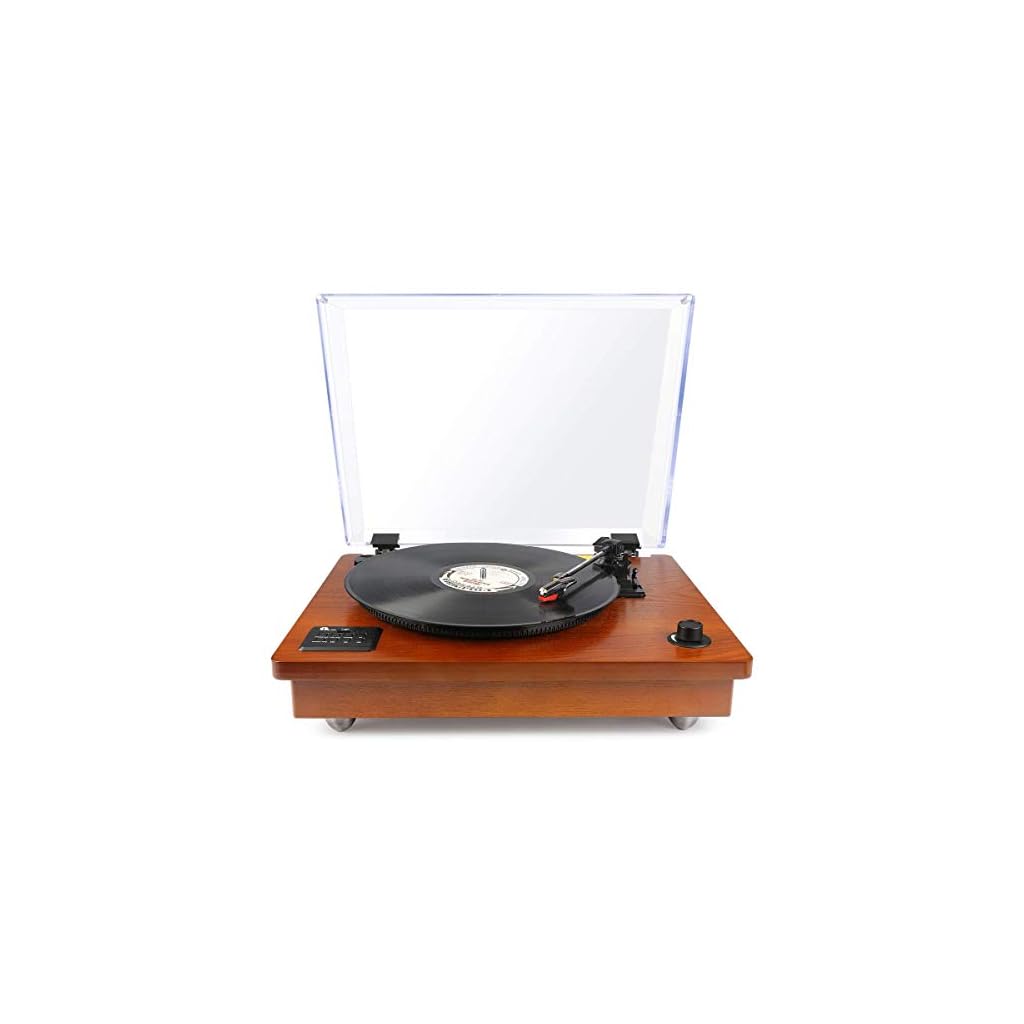 1byone Belt Driven Wooden Turntable with Builtin Stereo Speaker