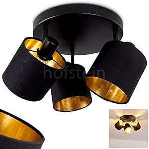 Plafondlamp Alsen, ronde plafondlamp van metaal/stof in zwart/goud, 3 lampen, met verstelbare spots, 3 x E14 max. 28…