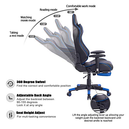 Blue Whale Massage Gaming Chair with Retractable Footrest,Adjustable Massage Lumbar Cushion and Headrest- High Back Ergonomic Leather Racing Executive Desk Computer Office Chair BW192 Blue - Thumbnail 2