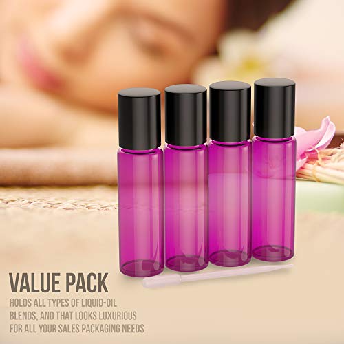 4 Pack - Essential Oil Roller Bottles [Metal Chrome Roller Ball] FREE Plastic Pippette, Funnel and Bottle Opener Refillable Glass Color Roll On for Fragrance Essential Oil - 10 ml 1/3 oz (Purple) - Thumbnail 5