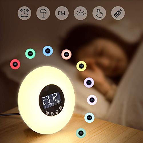 GLIME Wake up Light Alarm Clock Lamp Remote Control Sunrise Sunset Simulation LED Digital Alarm Clocks FM Radio Date Temperature 9 Colors 51 Natural Sounds Night Light Tap Kids Bedside Wake up Lamps
