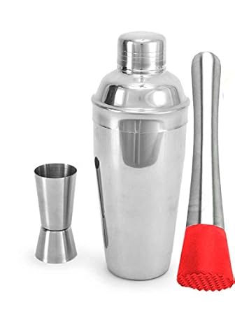 King International Stainless Steel Bar Set of 3 Pieces Including Muddler,Cocktail Shaker, Jigger
