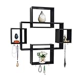 Set of 5 Cubes with Free Extra Jewellery Hooks Interlocking Wall Shelf, Intersecting Squares Wooden Floating Shelf, Wall Mounted Horizontally or Vertically Display Shelves,Espresso