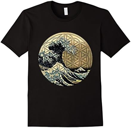 Men's Flower of life with Kanagawa Japanese The great wave T-shirt Large Black