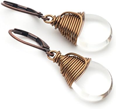 HandmadeClear Czech Glass Wire-wrapped Drop Bronze Lever-back Earrings 1.4 Inches