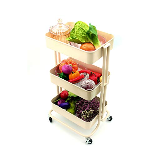 3-Tier Metal Storage Rolling Cart with Utility Mesh Basket and Wheels, Multifunction Heavy Duty Large Shelves, Mobile Organization Service Trolley for Office, Kitchen, Bedroom, Bathroom (Beige)