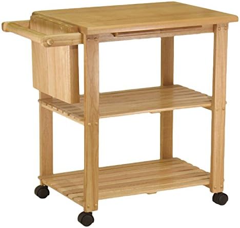Basics Kitchen Cart with Two Shelves,Pull Out Cutting Board,Knife Block and 4 Casters Made w/ Solid Wood in Beech 31.93'' H x 33.19'' W x 20.47'' D