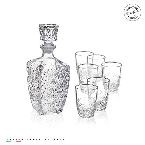 Bormioli Rocco Dedalo Whiskey Gift Set – Sophisticated 26.25oz Diamond Decanter & 6 Etched 8.75oz Whiskey Glasses With Sparkling Star-Cut Detailing – For Whiskey, Bourbon, Scotch & Liquor