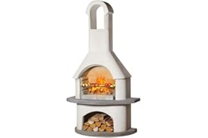 BIG HORN PRIME Concrete Outdoor Fireplace with Grill, Wood Burning Fireplace with Wood Storage and Chimney, Include Grill Rack & Charcoal Pan, 79.9”H