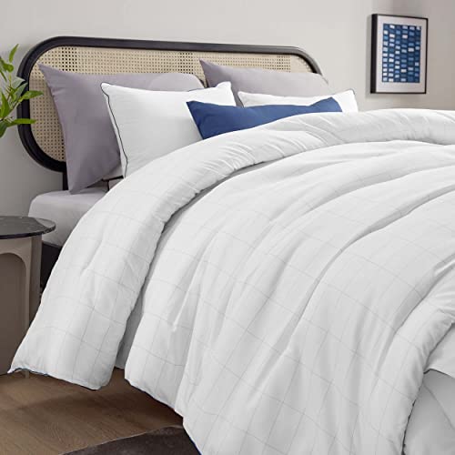 Bedsure White Comforter Queen Down Alternative Grid Comforter, 300 GSM