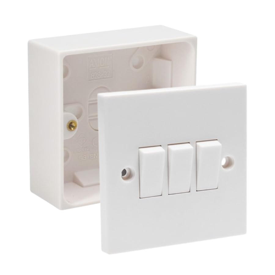Electric Wall 10A Light Switch 1/2/3 Gang 2 Way Rocker Standard White Square - Compatible with Single 16/25/35/47mm Pattress Back Box Surface Mounted 1 Gang (3 Gang Switch, SET with 35mm Box)