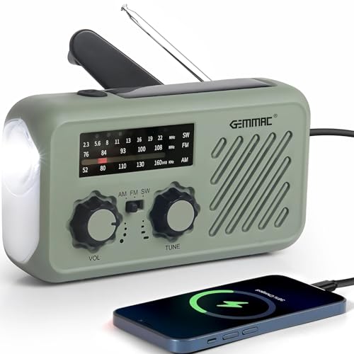 Notfall Radio, 3-Wege-Laden Emergency Radios, 2000mAh Akku Kurbelradio Solar Ladegerät Power Bank USB AM/FM-Radio mit SOS-Alarm Kopfhöreranschluss Taschenlampe, Innen Außen Camping Klein Taschenradio