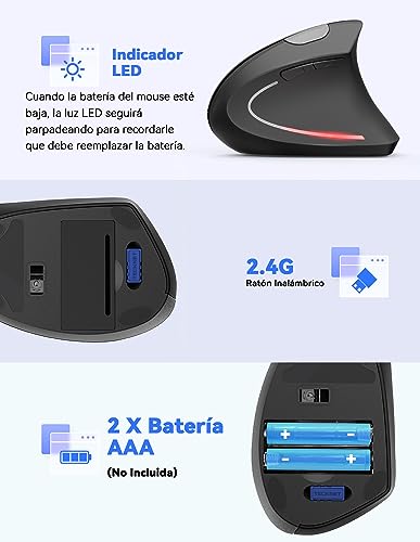 TECKNET 2.4G Wireless Vertical Mouse, 4800DPI 5 Levels Adjustable Silent Ergonomic Mouse, 6 Buttons, Optical Mouse with Indicator Lights for Laptop, Desktop, PC, Macbook (Black)