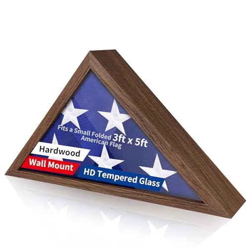 Photo 1 of DecoWoodo Wooden Flag Display Case for 3'x5' Folded American Flag (Not for Burial Flag), Military Veteran Flag Shadow Box with HD Tempered Glass, Wall Mounted Triangle Flag Frame, Rust Brown